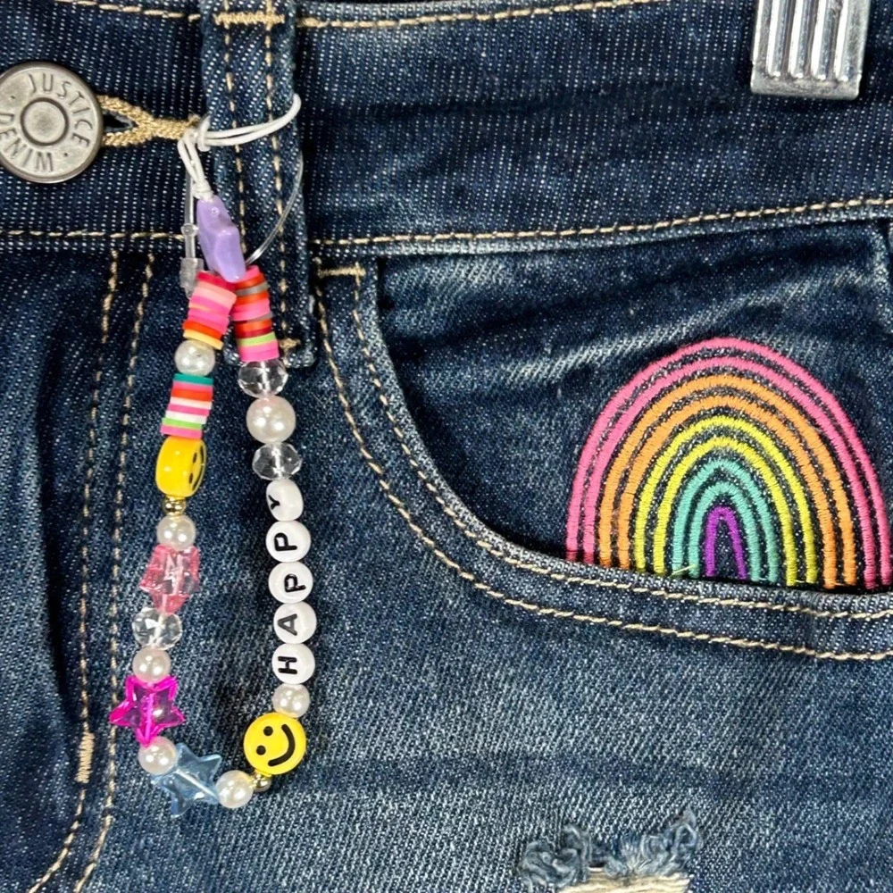 Justice Girls Mini Mom Shorts Medium Wash Distressed Rainbow Happy Size 10